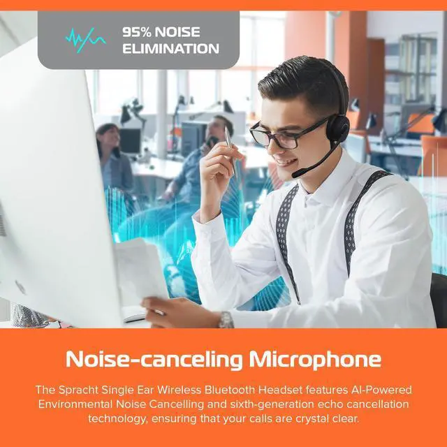 Alt view image 2 of 5 - Spracht HS-2050 Single Ear Wireless Bluetooth Headset with Base Station | Noise Cancelling Headphones with Microphone for Pc, Laptop, Work from Home, Skype, Zoom, Call Centers, Office, Trucker