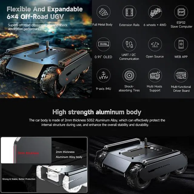 Alt view image 3 of 5 - waveshare Flexible and Expandable 6x4 Off-Road UGV, Multiple Hosts Support, with Extension Rails and ESP32 Slave Computer, 6 Wheels 4WD Mobile Robot Chassis