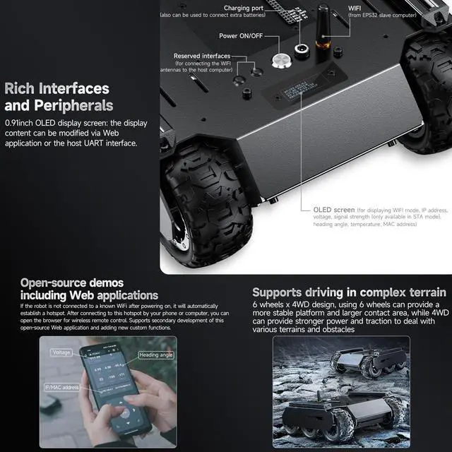 Alt view image 5 of 5 - waveshare Flexible and Expandable 6x4 Off-Road UGV, Multiple Hosts Support, with Extension Rails and ESP32 Slave Computer, 6 Wheels 4WD Mobile Robot Chassis