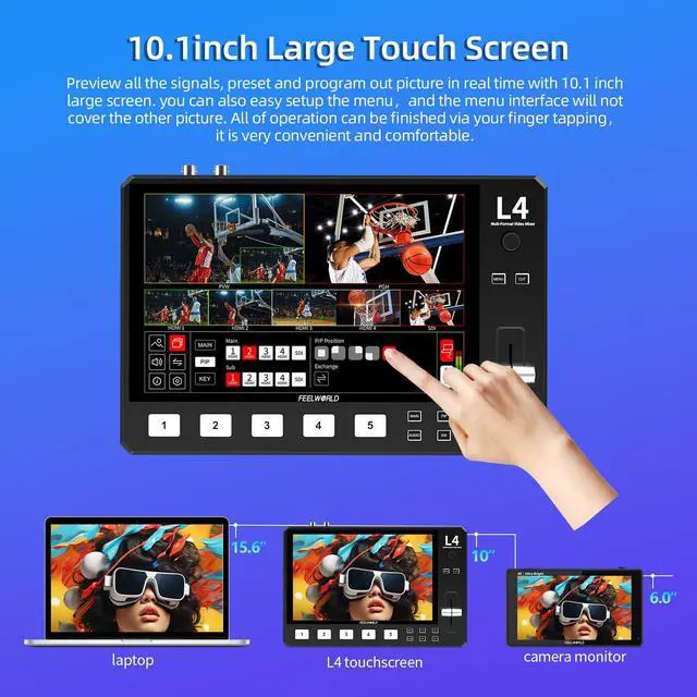 Alt view image 3 of 5 - FEELWORLD L4 Video Mixer Switcher with 10.1" LCD Touch Screen, Multi-Camera USB3.0 Fast Live Streaming Broadcast 4 HDMI in 1 SDI in T bar Simply Swithing