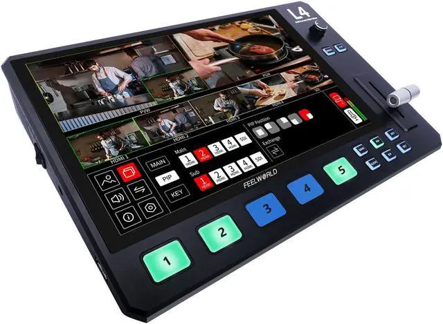 Main image of FEELWORLD L4 Video Mixer Switcher with 10.1" LCD Touch Screen, Multi-Camera USB3.0 Fast Live Streaming Broadcast 4 HDMI in 1 SDI in T bar Simply Swithing