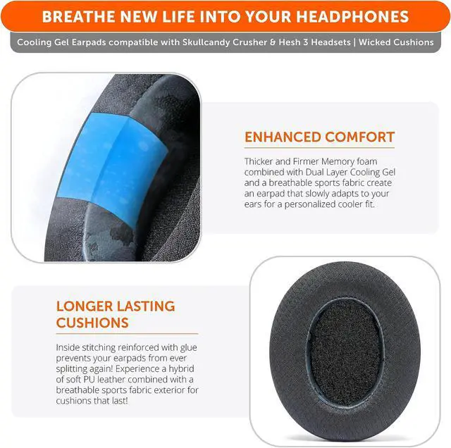 Alt view image 3 of 4 - WC Freeze Crusher - Cooling Gel Earpads Compatible with Skullcandy Crusher, by Wicked Cushions - Fits Skullcandy Crusher & Hesh 3 Headphones, Soft Memory Foam, Cooler for Longer | Black Camo