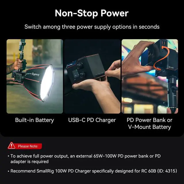 Alt view image 3 of 5 - Bundle: SmallRig RC 60B COB Video Light with Built-in 3400mAh Battery & Type-C PD Fast Charging and Aluminum Light Stand 110"/9.2ft/280cm