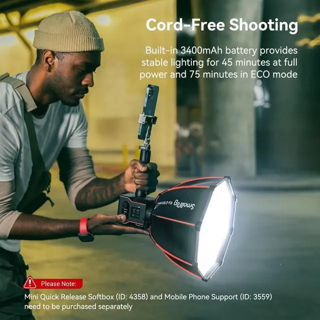 Alt view image 2 of 5 - Bundle: SmallRig RC 60B COB Video Light with Built-in 3400mAh Battery & Type-C PD Fast Charging and Aluminum Light Stand 110"/9.2ft/280cm