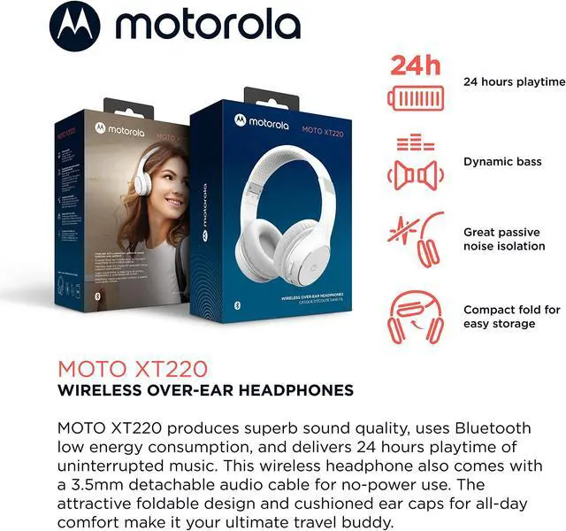 Alt view image 2 of 5 - Motorola Sound Moto XT220 Bluetooth Wireless Headphones with Microphone, in-Line Control for Calls - Foldable Over-Ear Head Phones, Adjustable Headband, Dynamic Bass, Clear Sound - White