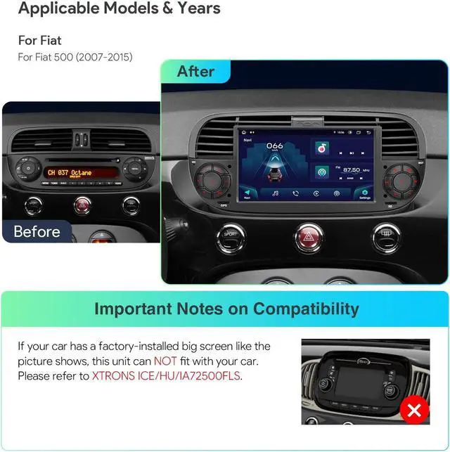 Alt view image 2 of 5 - XTRONS Single Din Car Stereo for Fiat 500, Android 13 Octa Core 4GB RAM 64GB ROM Car Radio Player, 7 Inch IPS Touch Screen GPS Navigation for Car Head Unit DSP Car Play Android Auto 4G LTE (Black)