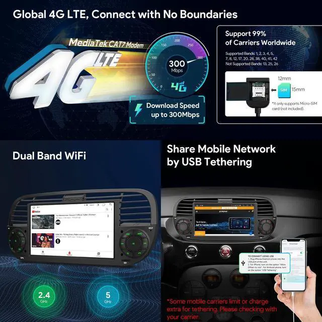 Alt view image 3 of 5 - XTRONS Single Din Car Stereo for Fiat 500, Android 13 Octa Core 4GB RAM 64GB ROM Car Radio Player, 7 Inch IPS Touch Screen GPS Navigation for Car Head Unit DSP Car Play Android Auto 4G LTE (Black)