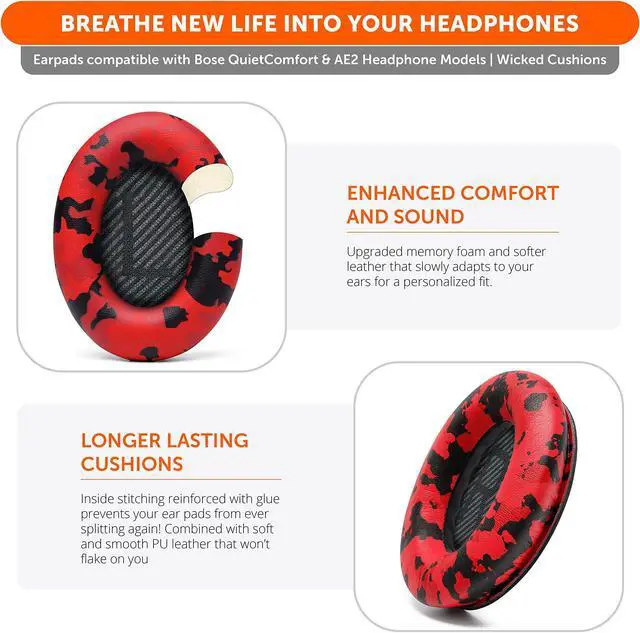 Alt view image 4 of 5 - WC Wicked Cushions Upgraded Replacement Ear Pads for Bose QC35 & QC35ii (QuietComfort 35) Headphones & More - Softer Leather, Luxurious Memory Foam, Added Thickness, Extra Durability | Red Camo