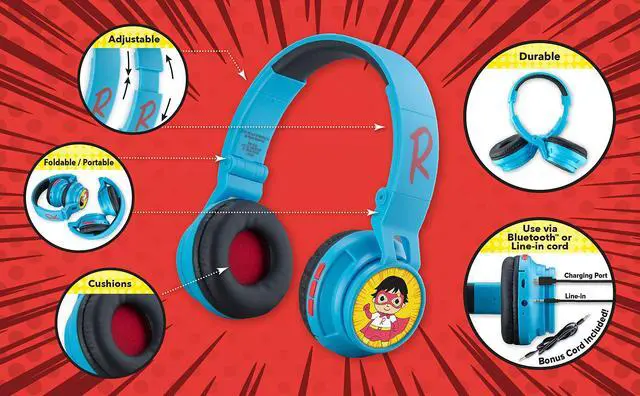 Alt view image 2 of 5 - Ryans World Kids Bluetooth Headphones, Wireless Headphones with Microphone Includes Aux Cord, Volume Reduced Kids Foldable Headphones for School, Home, or Travel