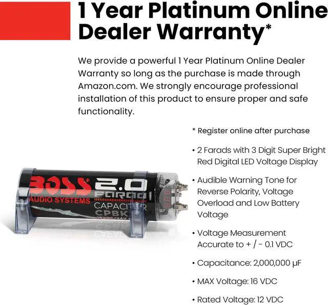 Alt view image 3 of 5 - BOSS Audio Systems CPBK2 Car Capacitor - 2 Farad, Energy Storage, Enhance Bass From Stereo, 3 Digit Voltage Display, Charging Status LED