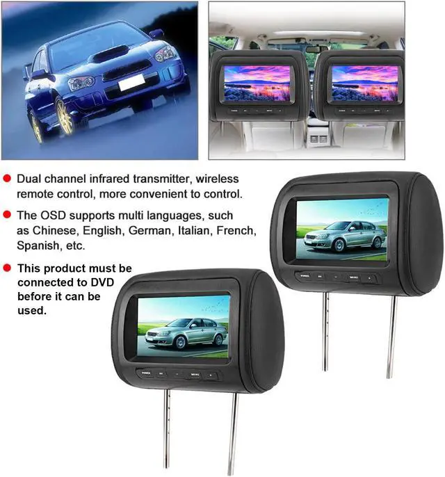 Alt view image 2 of 5 - Dual headrest screen-2pcs 7 in Wireless Control Adjustable Headrest LCD Video Player USB MP5 Display Black