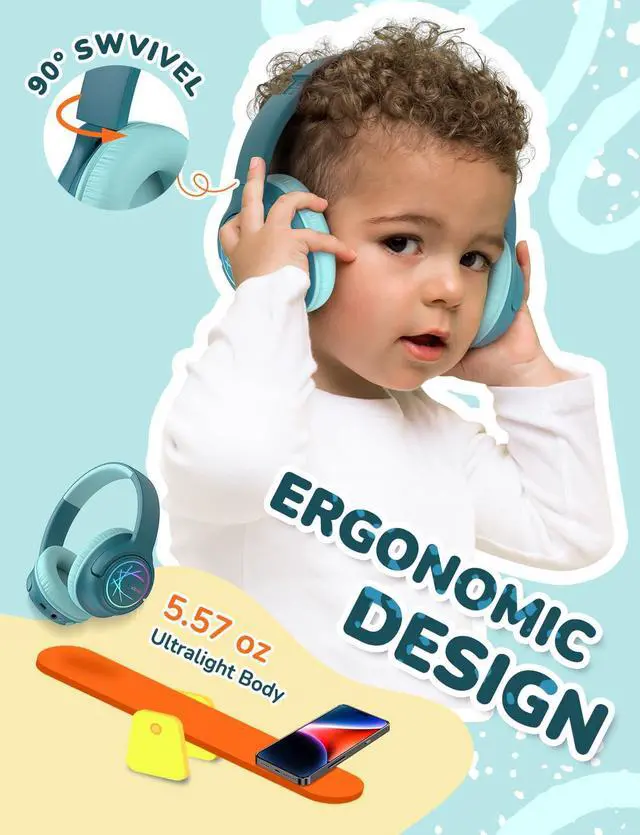 Alt view image 5 of 5 - iClever Kids Bluetooth Headphones with LED Lights, BTH18 Safe Volume 74/85dBA, 43H Playtime, Bluetooth5.3 Kids Headphones Wireless Aux Cord for iPad/Tablet/Travel/School, Green