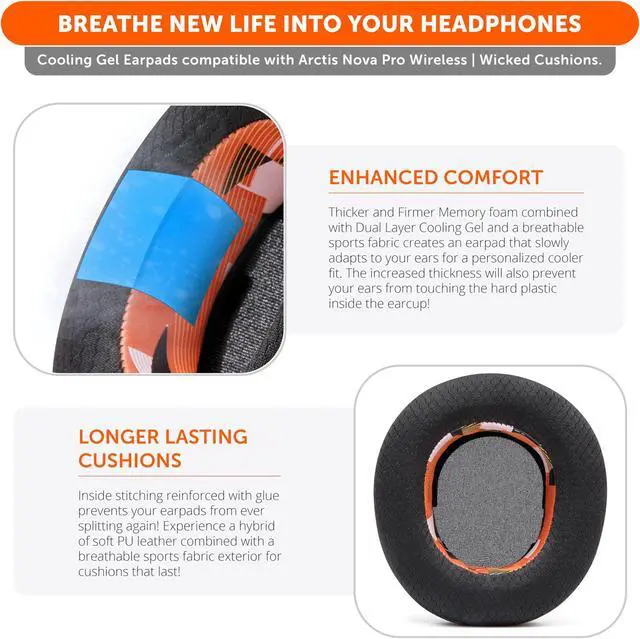 Alt view image 4 of 5 - WC Freeze Nova Pro Wireless - Cooling Gel Earpads for Arctis Nova Pro Wireless ONLY (Doesnt Fit Other Models), Made by Wicked Cushions, Improved Durability, Thickness & Sound Isolation | Orange Prism