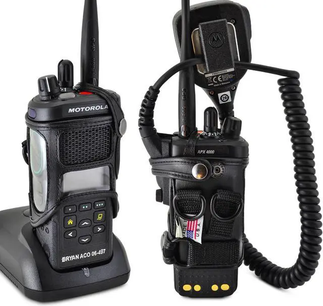 Main image of Turtleback Carry Holder for Motorola APX 4000 Two Knob Radio Extended Battery with D Rings Attachment Fire and Police Two Way Radio Belt Case Black Leather Belt Holster Heavy Duty D Rings