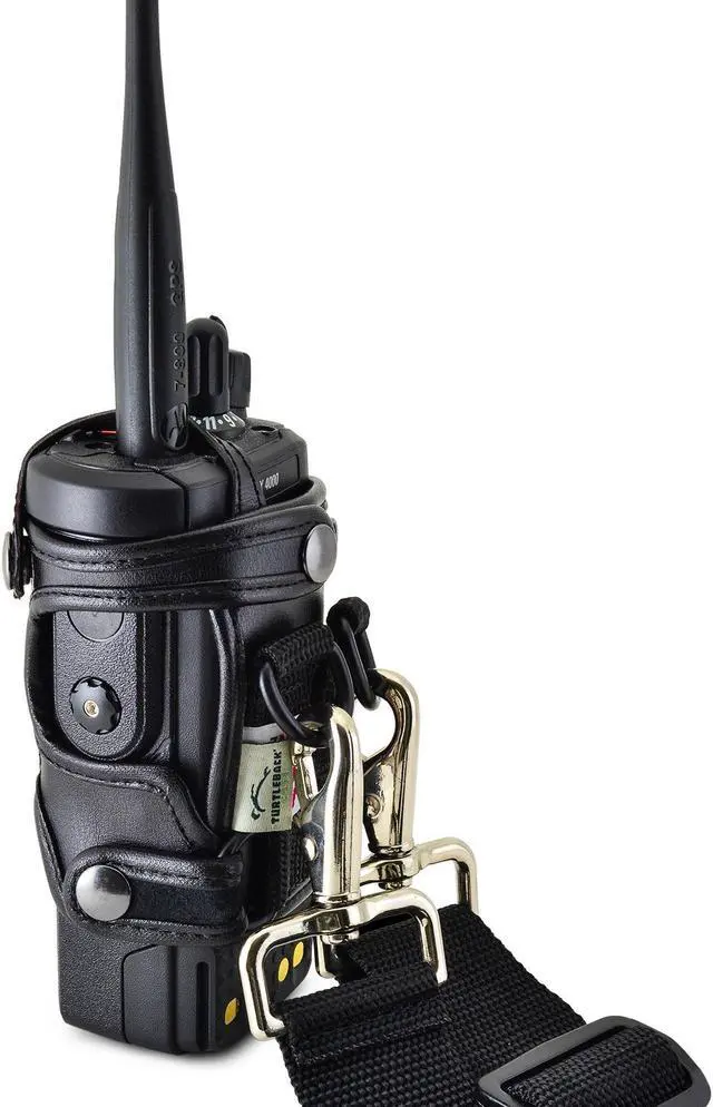 Alt view image 5 of 5 - Turtleback Carry Holder for Motorola APX 4000 Two Knob Radio Extended Battery with D Rings Attachment Fire and Police Two Way Radio Belt Case Black Leather Belt Holster Heavy Duty D Rings