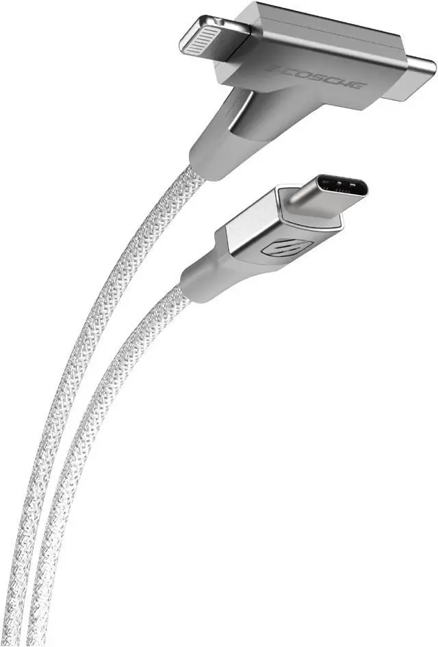 Main image of Scosche CCi4B4TWT-SP 2-in-1 Universal Charger, 4ft Braided Cell Phone Cable, USB-C to USB-C/Lightning Dual Connectors, Multi-Device Charging Cable Compatible w/iPhone, Android & Type-C Devices, White