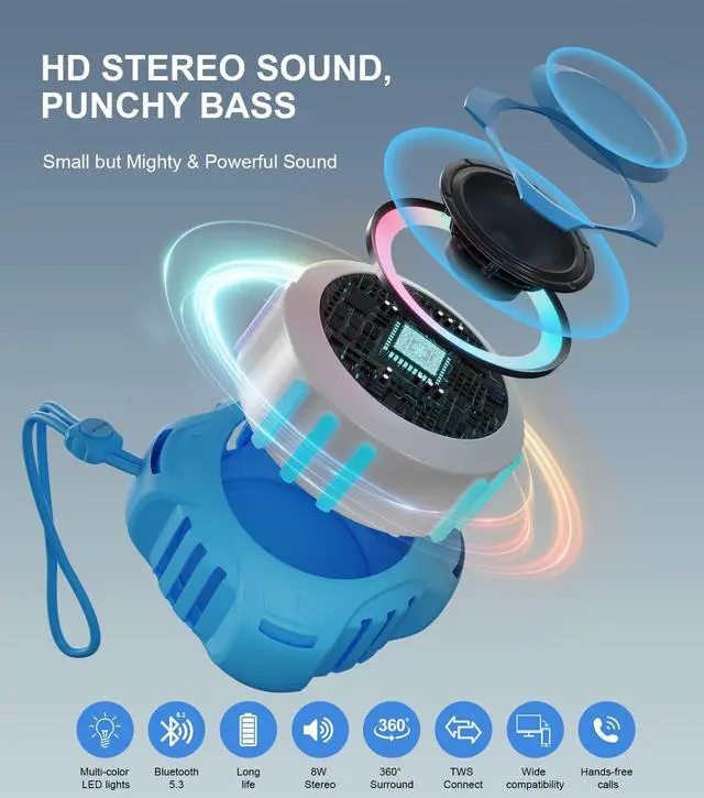 Alt view image 2 of 5 - COMISO Shower Bluetooth Speaker, IP67 Waterproof Speaker with LED Light, Portable Speaker, Floating, 2000mAh, True Wireless Stereo and Bass, Built-in-Mic, Ideal for Travel, Beach, Gifts for Unisex.