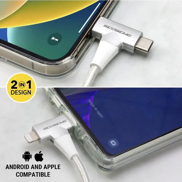 Alt view image 3 of 5 - Scosche CCi4B4TWT-SP 2-in-1 Universal Charger, 4ft Braided Cell Phone Cable, USB-C to USB-C/Lightning Dual Connectors, Multi-Device Charging Cable Compatible w/iPhone, Android & Type-C Devices, White