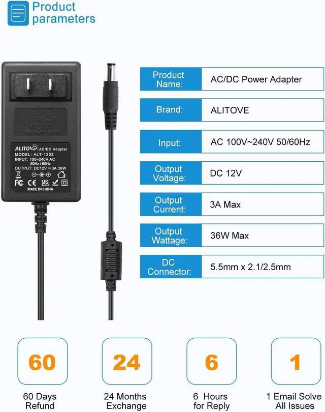Alt view image 2 of 5 - 10-Pack, ALITOVE 12V 3A Power Supply DC 12 Volt 3A 36W AC/DC Power Adapter 100~240V AC to DC 12V Converter LED Driver Transformer 5.5mmx2.5mm for LED Strip Light CCTV Cameras System 3D Printer
