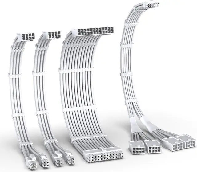 Main image of EZDIY-FAB PCIE 5.0 12VHPWR Sleeved Cable Kit, PC 16AWG Power Supply Cable Extension, 24PIN-ATX/(4+4) PIN-EPS/(12+4) PIN to 4X 8 PIN PCIE- RTX4090/4080/4070Ti Extension Cable-Pure White