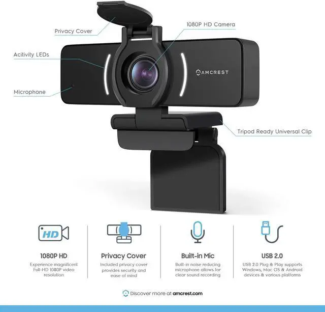 Alt view image 2 of 5 - Amcrest 1080P Webcam with Microphone & Privacy Cover, Web Cam USB Camera, Computer HD Streaming Webcam for PC Desktop & Laptop w/Mic, Wide Angle Lens & Large Sensor for Superior Low Light (AWC205)