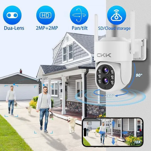 Alt view image 2 of 5 - CKK Dual Wi-Fi, Dual Lens Wireless Security Camera System, 4PCS Outdoor Dual Lens PTZ Cameras Plug & Play for 24/7 Recording, AI Motion Detection/Color Night Vision, 2.4G/5G WiFi, and 1TB HDD.