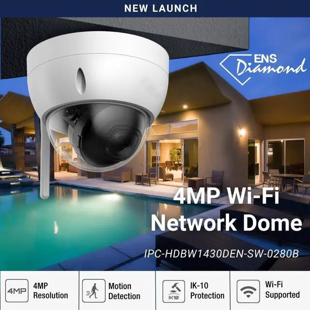 Alt view image 2 of 4 - Generic Diamond WiFi Network Camera IPC-HDBW1430DEN-SW-0280B, 4MP 2.8mm Fixed Lens, IR Night, DWDR, 12 VDC, IP67 Protection (Dome White)