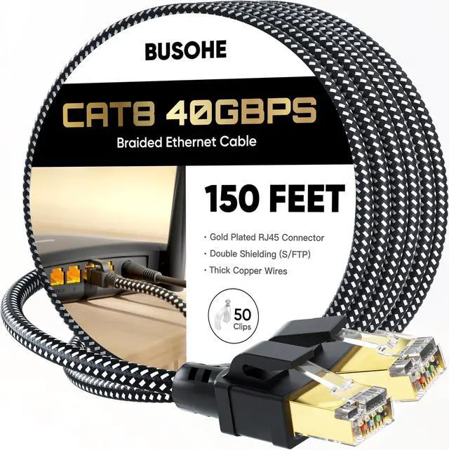Main image of BUSOHE Cat 8 Ethernet Cable 150 FT, High Speed 40Gbps 2000Mhz Braided Network Internet Cable with Gold Plated RJ45 Connector, Heavy Duty LAN Cable S/FTP UV Resistant for Router/Gaming/PC, 50 Clips