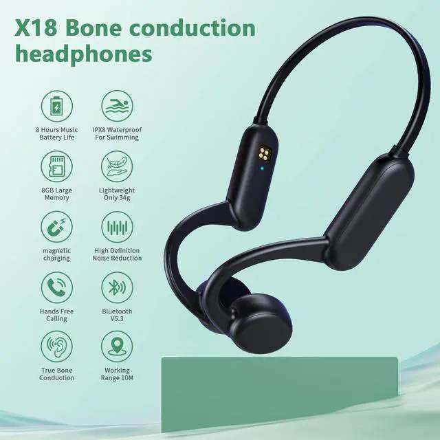 Alt view image 4 of 5 - Tulbeys Bone Conduction Headphones for SwimmingBluetooth 5.3 Open Ear Wireless Headphones, Built-in 8GB Storage Mp3 Player Workout Headset with Voice Assistant, IPX8 Waterproof Earphones