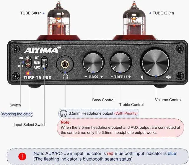 Alt view image 3 of 5 - AIYIMA Tube T6 PRO Bluetooth 5.0 Tube Preamplifier Hi-Fi Headphone Amp Vacuum Tube Preamp for Home Audio Amplifier Wireless Receiver Audio Decoder Preamp PC-USB DAC APTX