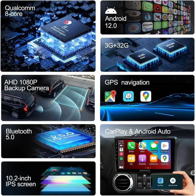 Alt view image 3 of 5 - Qualcomm 8 Core 10.2'' Car Radio Stereo for Jeep Wrangler JK Compass Grand Cherokee Dodge with Android12/5G WiFi/Wireless carplay/Android auto/Touchscreen/GPS Navigation/Bluetooth/FM/HD Backup Camera