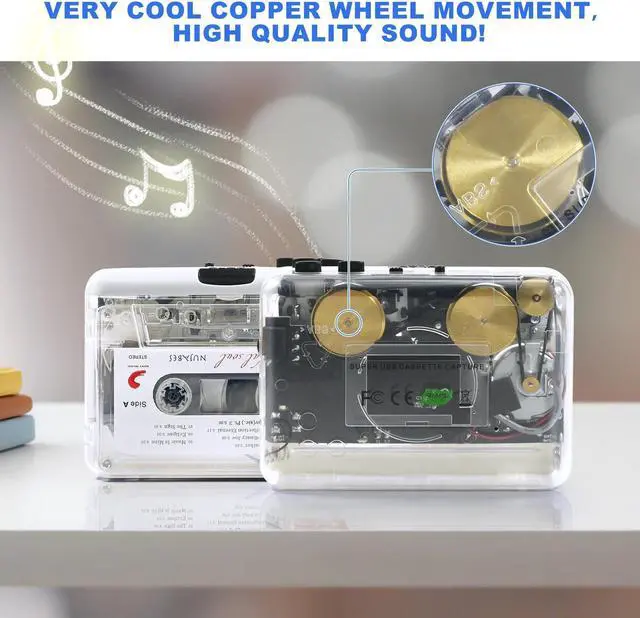 Alt view image 5 of 5 - Auto Reverse Clear Stereo Cassette Player,Built-in Cool Copper Wheel MovementEarphone,Cassette Tape to MP3 Converter with Tape Converter Software,Powered by USB Power Cord or AA Battery
