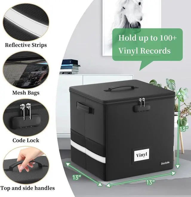 Alt view image 3 of 5 - DocSafe Vinyl Record Storage Box with Lock,Fireproof&Water Resistant Record Organizer Storage for 100+ Single Records(12-inch),Collapsible Storage Crate with Lid&Handles for Valuable Album Collection