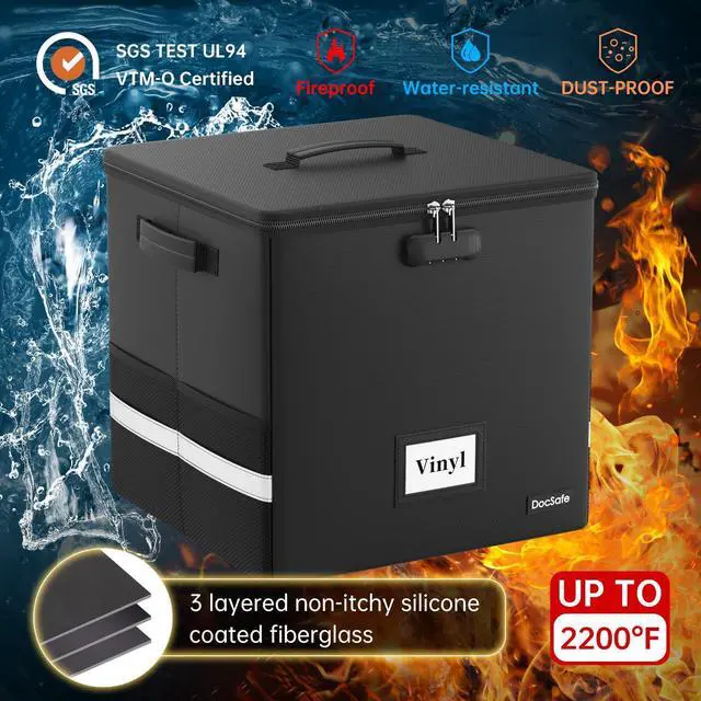 Alt view image 2 of 5 - DocSafe Vinyl Record Storage Box with Lock,Fireproof&Water Resistant Record Organizer Storage for 100+ Single Records(12-inch),Collapsible Storage Crate with Lid&Handles for Valuable Album Collection