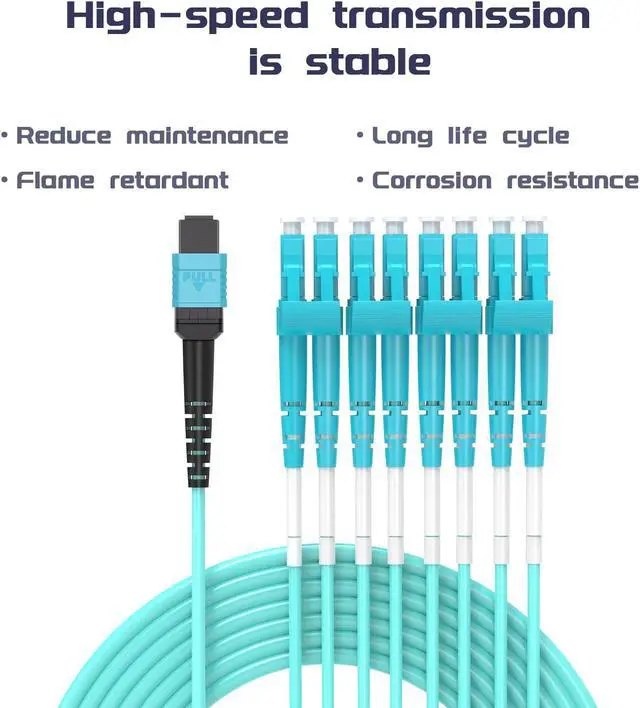 Alt view image 2 of 5 - Buacoz 6 Meters OM4 8 Cores MPO-LC Connector Optical Fiber Patch Cord 50/125 Multimode Fan-Out Jumper Female to Female Type B 40G/100G 19.6ft Aqua