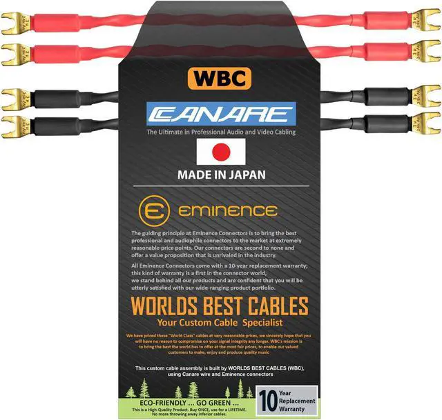 Main image of WORLDS BEST CABLES 4 Units - 8 Inch - Canare 4S11  Audiophile Grade - 11AWG - HiFi Speaker Jumper Cable Terminated with Gold Spade Connectors