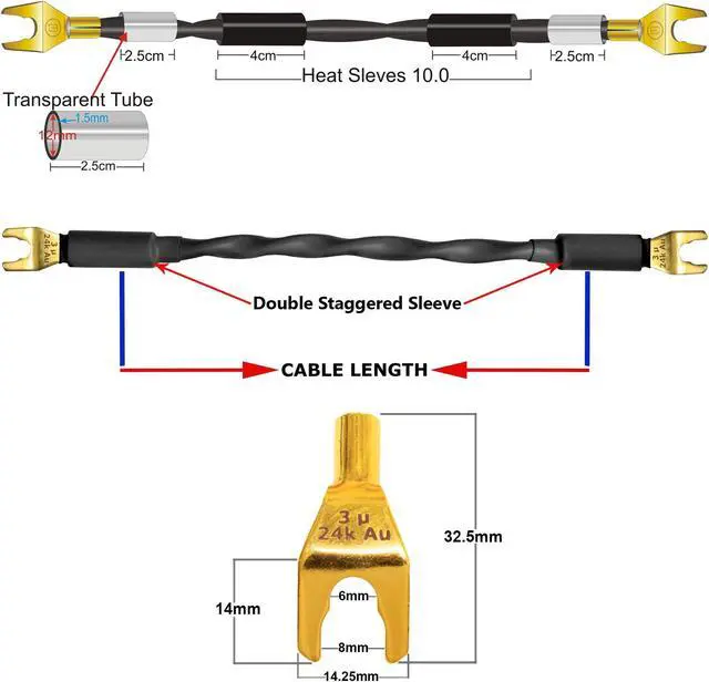 Alt view image 5 of 5 - WORLDS BEST CABLES 4 Units - 8 Inch - Canare 4S11  Audiophile Grade - 11AWG - HiFi Speaker Jumper Cable Terminated with Gold Spade Connectors