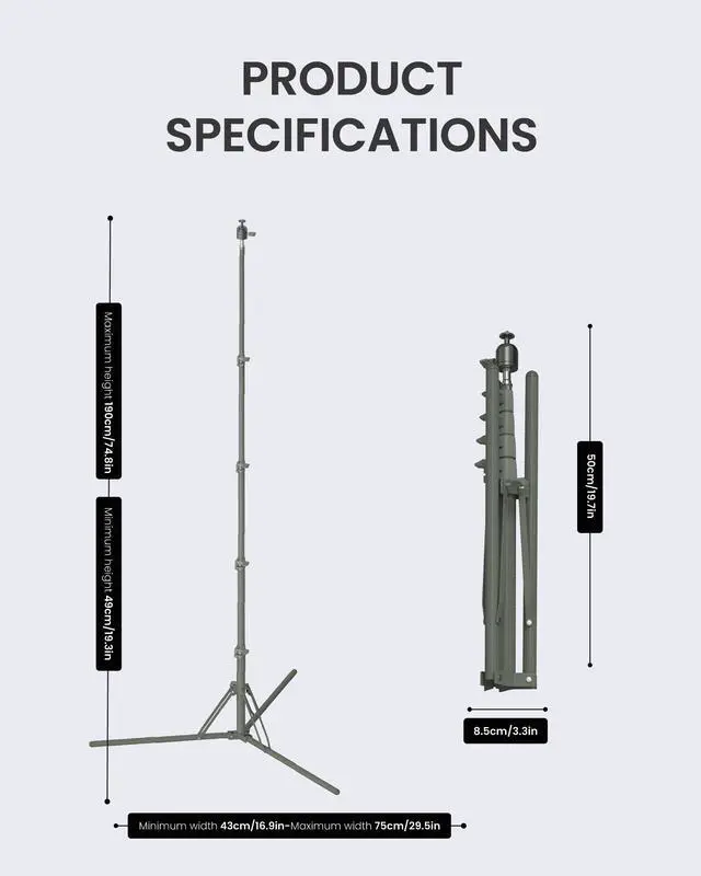Alt view image 3 of 5 - CLAYMORE Tripod Stand (Light Khaki) - Lightweight Aluminum Outdoor Action Camera, Fan & Lighting Stand, 1/4" Mount, 19-75in, 360deg Ball Head, Wind-Resistant. Carrying Case and Dual-Sided Hook.