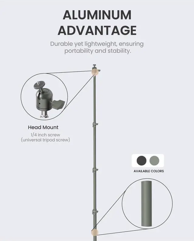 Alt view image 5 of 5 - CLAYMORE Tripod Stand (Light Khaki) - Lightweight Aluminum Outdoor Action Camera, Fan & Lighting Stand, 1/4" Mount, 19-75in, 360deg Ball Head, Wind-Resistant. Carrying Case and Dual-Sided Hook.