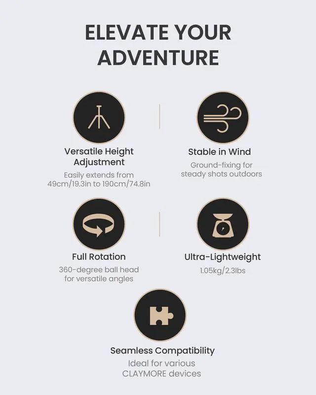 Alt view image 4 of 5 - CLAYMORE Tripod Stand (Light Khaki) - Lightweight Aluminum Outdoor Action Camera, Fan & Lighting Stand, 1/4" Mount, 19-75in, 360deg Ball Head, Wind-Resistant. Carrying Case and Dual-Sided Hook.