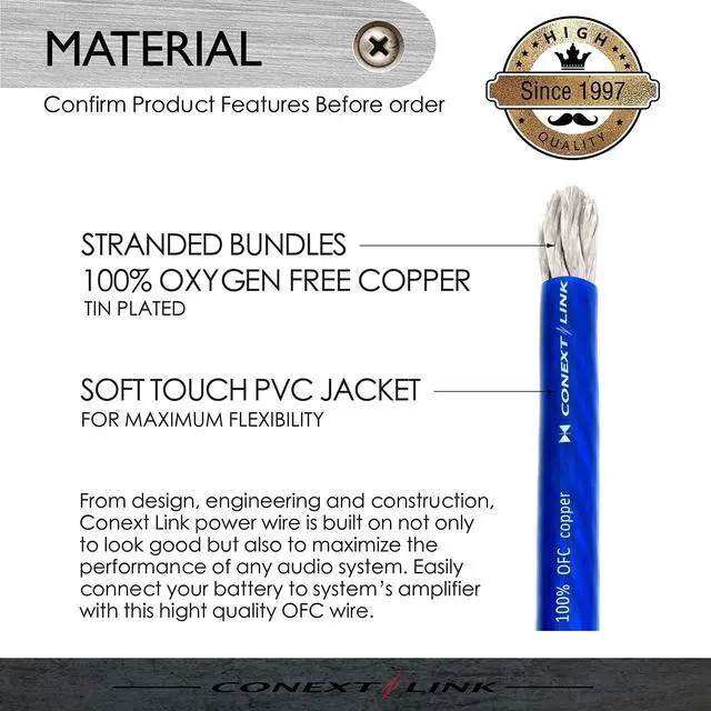 Alt view image 2 of 5 - Conext Link 25 FT 1/0 AWG 0 GA Full Gauge Battery Power Cable Ground Wire Frost Blue OFC Copper 10046