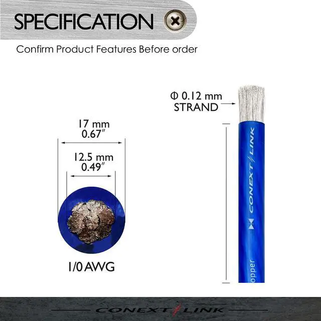 Alt view image 3 of 5 - Conext Link 25 FT 1/0 AWG 0 GA Full Gauge Battery Power Cable Ground Wire Frost Blue OFC Copper 10046