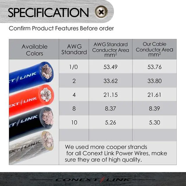 Alt view image 4 of 5 - Conext Link 25 FT 1/0 AWG 0 GA Full Gauge Battery Power Cable Ground Wire Frost Blue OFC Copper 10046