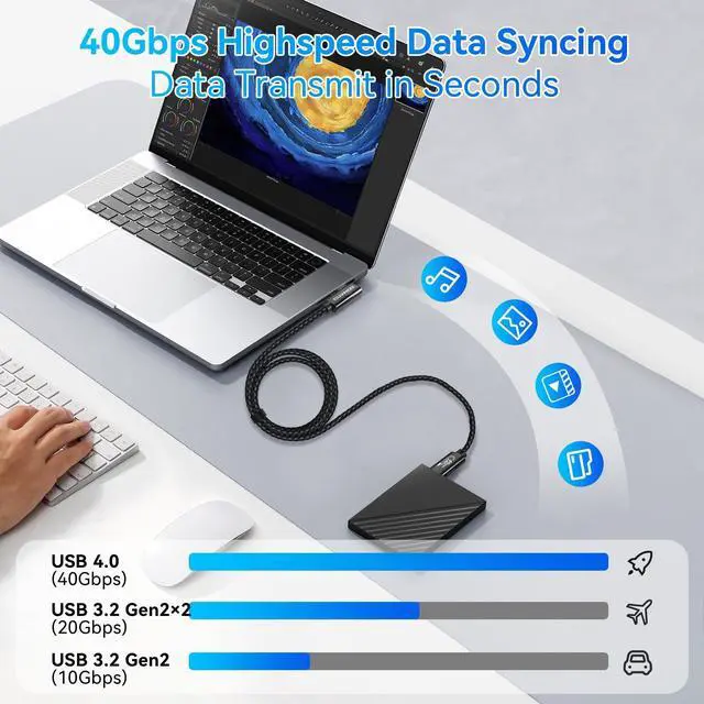Alt view image 4 of 5 - Cuxnoo USB 4 Cable Replacement for Thunderbolt 4/3 Cable Support 8K HD Display, 40 Gbps Data Transfer, and 240W Fast Charge C-C Cable for Type-C MacBook Pro/Air Laptop, Monitor, Hub, etc, 3.3ft, Angle