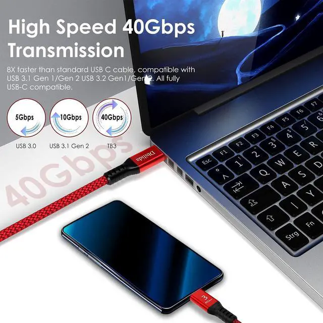 Alt view image 2 of 5 - Dbilida 240W for Thunderbolt 3 Cable 40Gbps 6.6 ft, USB C Cable with PD 3.1, Single 8K/5K@60Hz, 4K 144Hz Dual 4K for iPhone 15/Plus/Pro/Pro Max, eGpu,MacBook Pro, Docking, Hub, SSD