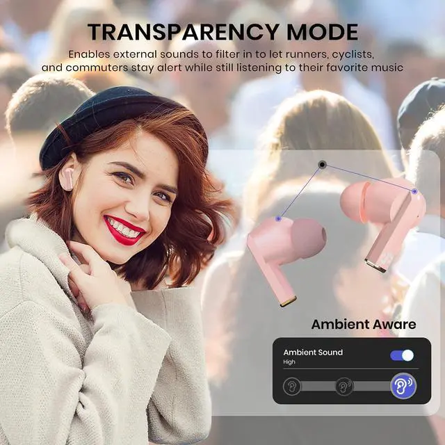 Alt view image 2 of 5 - dyplay Active Noise Cancelling True Wireless Earbuds, Bluetooth 5.0 in-Ear Headphones with Premium Stereo Sound, 10min Fast Charge/Touch Control/Wireless Charge/20H Playtime (Pink)