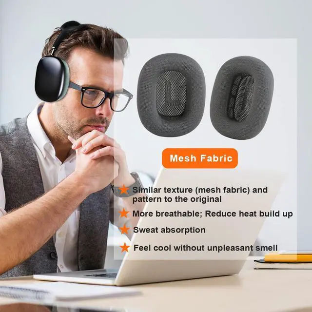 Alt view image 2 of 5 - Earrock Ear Cushions for AirPods Max Headphones Mesh Fabric Ear Pads Earcups Sweat Proof and Easy to Install with Magnet Space Gray Silvery