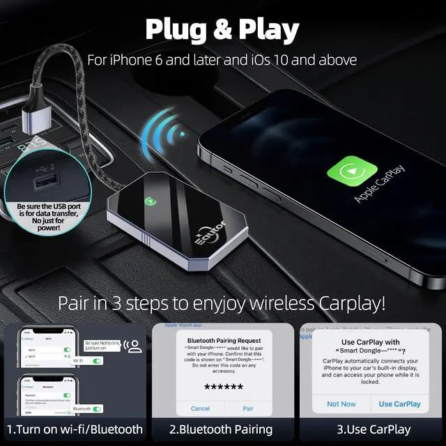 Alt view image 3 of 5 - Wireless CarPlay Adapter for Apple, Converts Factory Wired Car Play to Wireless, Dongle Plug & Play Carplay for Cars 2017+ with iPhone iOS 10+