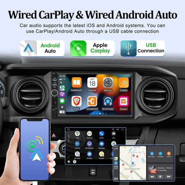 Alt view image 2 of 5 - 7 inch Double Din CarPlay Car Stereo with Car Play and Android Auto, 7inch Touch Screen Radio with Mirror Link/SWC/Bluetooth/FM Radio + Reverse Camera+ Remote Control