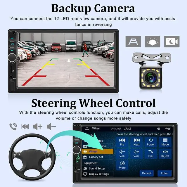 Alt view image 3 of 5 - 7 inch Double Din CarPlay Car Stereo with Car Play and Android Auto, 7inch Touch Screen Radio with Mirror Link/SWC/Bluetooth/FM Radio + Reverse Camera+ Remote Control